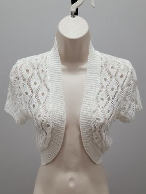 White Open-Knit Short-Sleeve Shrug Sweater Sz S